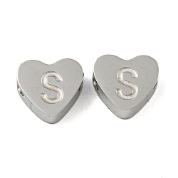 Tarnish Resistant 304 Stainless Steel Beads, Heart with Letter, Stainless Steel Color, Letter S, 7x8x3mm, Hole: 2mm(STAS-H219-16P-S)