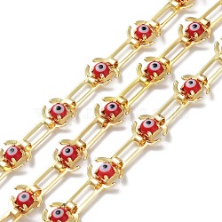 Handmade Glass Evil Eye Link Chains, with Real 18K Gold Plated Brass Findings, Unwelded, with Spool, Red, 8x14x1mm(CHC-K014-06G)