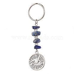 Tibetan Style Alloy Keychain, with Natural Lapis Lazuli Beads and Iron Split Key Rings, Evil Eye with Flat Round, Flat Round, 7.3cm, Flat Round: 52x19x6mm(KEYC-JKC00707-02)