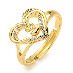 Heart with Letter Rack Plating Brass Micro Pave Clear Cubic Zirconia Adjustable Rings for Women, Lead Free & Cadmium Free, Real 18K Gold Plated, Letter S, Inner Diameter: 16mm(RJEW-I105-01G-S)