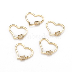 Brass Micro Pave Cubic Zirconia Screw Carabiner Lock Charms, for Necklaces Making, Long-Lasting Plated, Heart, Clear, Real 18K Gold Plated, 23x26x2mm(X-ZIRC-G160-17G)