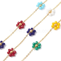 Flower Glass Beaded Chains, Unwelded, with 304 Stainless Steel Link Chains, Golden, Colorful, 2~9.5x1.5~10.5x0.3~3.5mm(CHS-P016-40G-01)