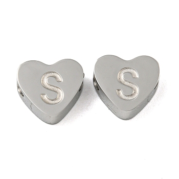 Tarnish Resistant 304 Stainless Steel Beads, Heart with Letter, Stainless Steel Color, Letter S, 7x8x3mm, Hole: 2mm