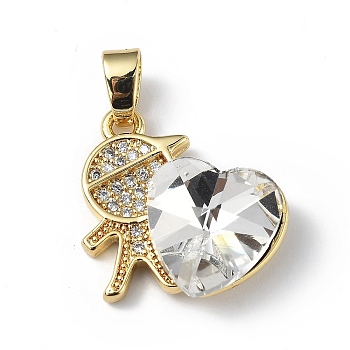 Real 18K Gold Plated Rack Plating Brass Micro Pave Clear Cubic Zirconia Pendants, with Glass, Long-Lasting Plated, Cadmium Free & Lead Free, Boy with Heart Charm, Clear, 19.5x18x7.5mm, Hole: 5.5x3.5mm