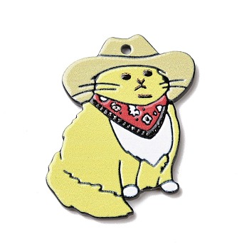 Opaque Acrylic Pendants, Printed, Cat Charm, Champagne Yellow, 39x33x2mm, Hole: 1.8mm