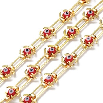 Handmade Glass Evil Eye Link Chains, with Real 18K Gold Plated Brass Findings, Unwelded, with Spool, Red, 8x14x1mm