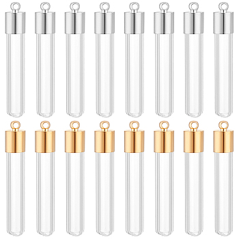 Glass Bottle Pendants, with Brass Caps, Platinum & Golden, 34x6mm, Hole: 2mm, 8pcs/color, 16pcs/set