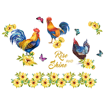 PVC Wall Stickers, for Wall Decoration, Rooster & Flower Pattern, Mixed Color, 300x850mm, 2pcs/set