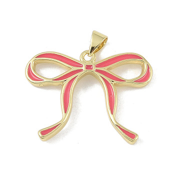 Brass Pendants, with Enamel, Bowknot Charm, Real 18K Gold Plated, Pale Violet Red, 21.5x28x3.5mm, Hole: 5x3mm