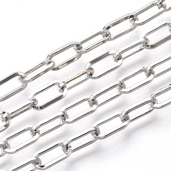 Unwelded Iron Paperclip Chains, Flat Oval, Drawn Elongated Cable Chains, with Spool, Platinum, 10x5x1mm, about 82.02 Feet(25m)/roll