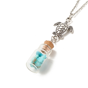 Glass Bottle with Synthetic Turquoise Chips Pendant Necklace, Wish Bottle Necklace with Alloy Turtle Charm for Women, 17.91 inch(45.5cm)