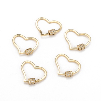 Brass Micro Pave Cubic Zirconia Screw Carabiner Lock Charms, for Necklaces Making, Long-Lasting Plated, Heart, Clear, Real 18K Gold Plated, 23x26x2mm