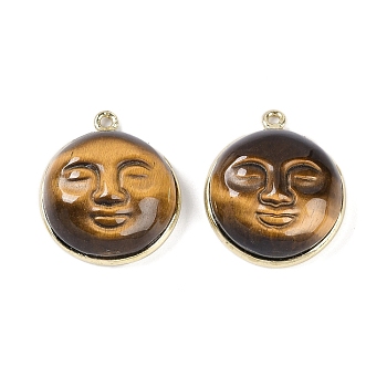 Natural Tiger Eye Smiling Face Pendants, Golden Tone Rack Plating Brass Flat Round Charms, 19x17.1x7.9mm, Hole: 1.2mm