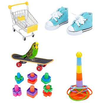 AHANDMAKER Pet Supplies, with Cloth Shoes, Plastic Skateboard & Stacking Color Ring Parrot Toy & Building Block, Iron Shopping Cart, Mixed Color, 160x70mm, 1set