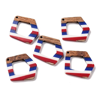 Independence Day Opaque Striped Resin & Walnut Wood Pendants, Hollow Geometric Charms, Nuggets, 35.8x32.5x3.4mm, Hole: 2.1mm