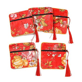Chinese Style Floral Cloth Jewelry Storage Zipper Pouches, Square Jewelry Gift Case with Tassel, for Bracelets, Earrings, Rings, Random Pattern, Red, 115x115x7mm