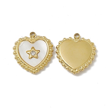 Vacuum Plating 201 Stainless Steel Pendants, Heart Charms, with Crystal Rhinestone and Shell, Real 18K Gold Plated, 17x15x2mm, Hole: 1.6mm