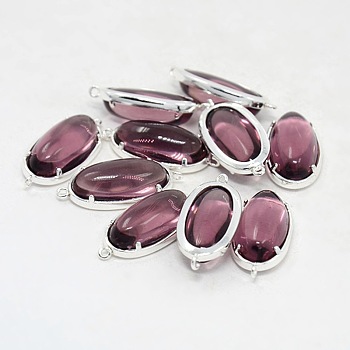 Silver Color Plated Brass Glass Links connectors, Oval, Plum, 26x12x7mm, Hole: 1mm