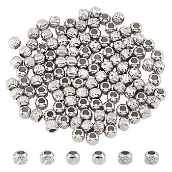 120Pcs 3 Style 201 Stainless Steel Beads, Round with Twill Pattern, Stainless Steel Color, 3x2.5mm, Hole: 1.5mm, 40pcs/style