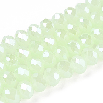 Electroplate Glass Beads Strands, Imitation Jade Beads, Pearl Luster Plated, Faceted, Rondelle, Pale Green, 4x3mm, Hole: 0.4mm, about 113~115pcs/strand, 16.14~16.34 inch(41~41.5cm)