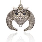 Antique Silver Plated Alloy Rhinestone Bird Pendants, Owl for Halloween, Jet, 48x49x10mm, Hole: 3mm(ALRI-J111-02AS)