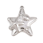 304 Stainless Steel Pendants, Starfish with Shell Shape Charms, Stainless Steel Color, 19x18x3mm, Hole: 1.2mm, Fit for:1.2mm(STAS-B143-07A-P)