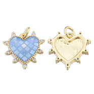 Brass Micro Pave Clear Cubic Zirconia Pendants, with Jump Rings and Shell, Enamel, Real 18K Gold Plated, Nickel Free, Heart, Light Sky Blue, 15.5x15.5x3mm, Jump Ring: 5x1mm, 3mm inner diameter(KK-N227-99B)
