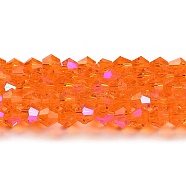 Transparent Electroplate Glass Beads Strands, AB Color Plated, Faceted, Bicone, Orange Red, 6x6mm, Hole: 1mm, about 45~47pcs/strand, 9.65~9.84 inch(24.5~25cm)(EGLA-A039-T6mm-L11)