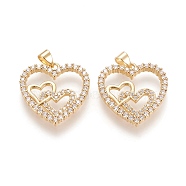 Brass Micro Pave Cubic Zirconia Pendants, Heart, Clear, Real 18K Gold Plated, 23.5x23x3mm, Hole: 4.5x3.5mm(KK-M210-03G)