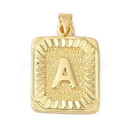 Rack Plating Brass Pendants, Long-Lasting Plated, Lead Free & Cadmium Free, Square with Letter Charms, Letter A, 24x17x2.5mm, Hole: 4x3.5mm(KK-B092-42G-A)