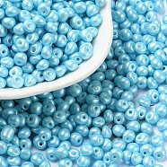 6/0 Glass Seed Beads, Opaque Colours Luster, Teardrop, Deep Sky Blue, 4~5x4~4.5x3~4mm, Hole: 0.8~0.9mm, about 5625pcs/pound(SEED-L011-08A-13)