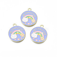 Alloy Enamel Pendants, Cadmium Free & Lead Free, Flat Round with Cat with Rainbow, Pink, 23x20x1.5mm, Hole: 1.8mm(ENAM-S115-178)