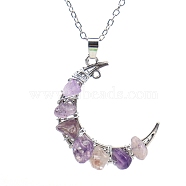 Natural Amethyst Chips Crescent Moon Pendant Necklace, with Alloy Chains, 20.87 inch(53cm)(PW-WG21068-05)