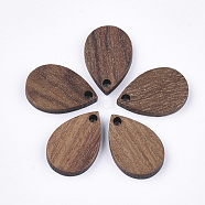 Walnut Wood Pendants, Teardrop, Saddle Brown, 17x11x2.5~3mm, Hole: 1.6mm(WOOD-S054-37)
