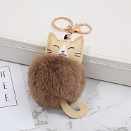Faux Fur Cat Pendant Keychain, Cute Kitten Golden Tone Alloy Key Ring Ornament, Camel, 11cm(ANIM-PW0002-21E)