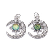 Brass Micro Pave Clear Cubic Zirconia Glass Pendants, with Jump Ring, Long-Lasting Plated, Moon, Cadmium Free & Lead Free, Real Platinum Plated, Green, 21x16.5x4.5mm, Jump Ring: 5x0.8mm, 3.5mm Inner Diameter(ZIRC-C024-06P-04)