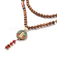 Buddhist Necklace, Flat Round with Guan Yin Pendant Necklace, Mixed Gemstone Jewelry for Women, Coconut Brown, 36.22 inch(92cm)(NJEW-JN03836)