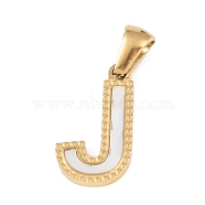 Natural White Shell Alphabet Pendants, Ion Plating(IP) Real 18K Gold Plated 304 Stainless Steel Charms, Letter J, 17x9.5x1.5mm, Hole: 5x3mm(STAS-M338-02G-J)