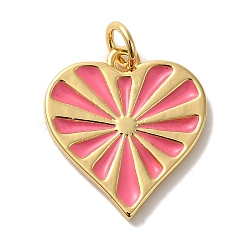 Rack Plating Brass Pendants, with Enamel and Jump Ring, Cadmium Free & Lead Free, Long-Lasting Plated, Real 18K Gold Plated, Heart Charm, Hot Pink, 17.5x16.5x2mm, Hole: 3mm(KK-U027-38G-03)