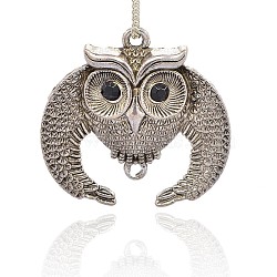 Antique Silver Plated Alloy Rhinestone Bird Pendants, Owl for Halloween, Jet, 48x49x10mm, Hole: 3mm(ALRI-J111-02AS)