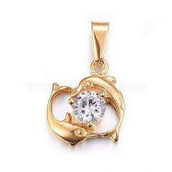 304 Stainless Steel Charms, with Cubic Zirconia, Dolphin, Clear, Golden, 13x12.5x4mm, Hole: 6x3mm(STAS-P216-72G)