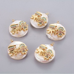 Natural Cultured Freshwater Pearl Pendants, with Brass Micro Pave Cubic Zirconia Cabochons, Nuggets with Lovers, Golden, 21x17mm, Hole: 2.5mm(PEAR-J004-33G)