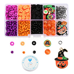 850Pcs Geometry Glass Seed & Polymer Clay Beads, 8Pcs Pumpkin/Magic Hat/Bat Alloy Pendants, Iron Jump Rings, Elastic Crystal Thread, for DIY Halloween Theme Jewelry Making Kits, Mixed Color, Findings: 908pcs/box(DIY-YW0002-75)