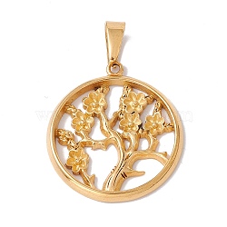 Vacuum Plating 304 Stainless Steel Pendants, Flat Round with Plum Bossom Flower Charm, Golden, 36x32x3mm, Hole: 10x4.5mm(STAS-H170-16G)