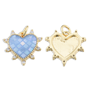 Brass Micro Pave Clear Cubic Zirconia Pendants, with Jump Rings and Shell, Enamel, Real 18K Gold Plated, Nickel Free, Heart, Light Sky Blue, 15.5x15.5x3mm, Jump Ring: 5x1mm, 3mm inner diameter