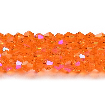 Transparent Electroplate Glass Beads Strands, AB Color Plated, Faceted, Bicone, Orange Red, 6x6mm, Hole: 1mm, about 45~47pcs/strand, 9.65~9.84 inch(24.5~25cm)