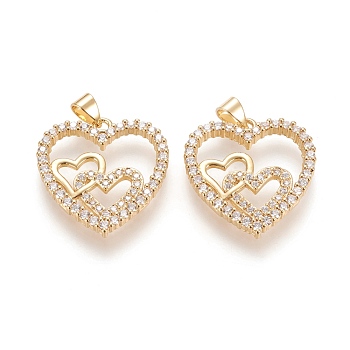 Brass Micro Pave Cubic Zirconia Pendants, Heart, Clear, Real 18K Gold Plated, 23.5x23x3mm, Hole: 4.5x3.5mm
