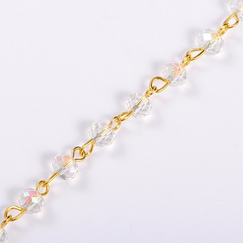Handmade Rondelle Glass Beads Chains for Necklaces Bracelets Making, with Golden Iron Eye Pin, Unwelded, Clear, 39.3 inch, Glass Beads: 6x4mm