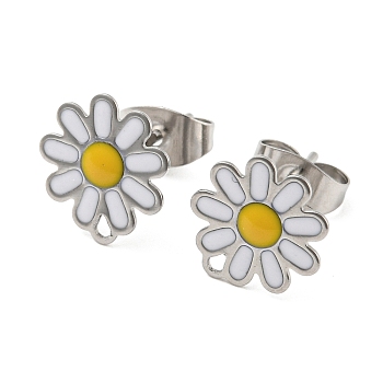 304 Stainless Steel Stud Earrings, Flower, White, 10x10mm