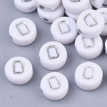 Plating Acrylic Beads, Silver Metal Enlaced, Horizontal Hole, Flat Round with Letter, White, Letter.O, 7x4mm, Hole: 1.2mm, about 3600pcs/500g.